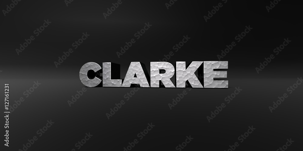CLARKE - hammered metal finish text on black studio - 3D rendered royalty free stock photo. This image can be used for an online website banner ad or a print postcard. CLARKE - hammered metal finish text on black studio - 3D rendered royalty free stock photo. This image can be used for an online website banner ad or a print postcard.