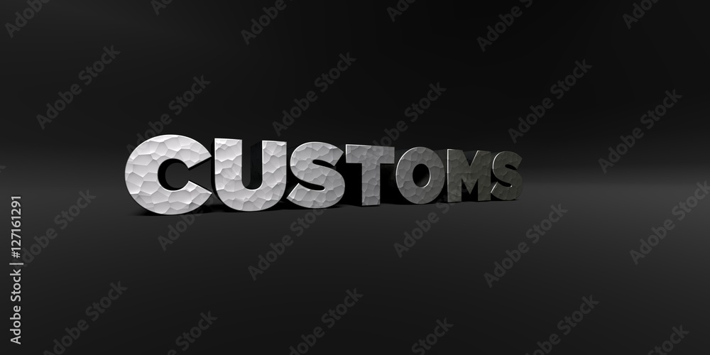 CUSTOMS - hammered metal finish text on black studio - 3D rendered royalty free stock photo. This image can be used for an online website banner ad or a print postcard. CUSTOMS - hammered metal finish text on black studio - 3D rendered royalty free stock photo. This image can be used for an online website banner ad or a print postcard.