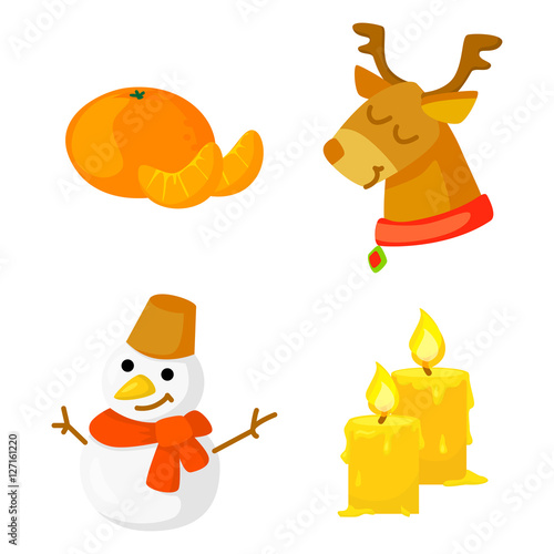 Christmas Icon Set Collection Vector. cartoon. New year traditional symbols collection. Christmas and New Year icons and objects. Snowman, deer, candles and mandarin. vector clip art