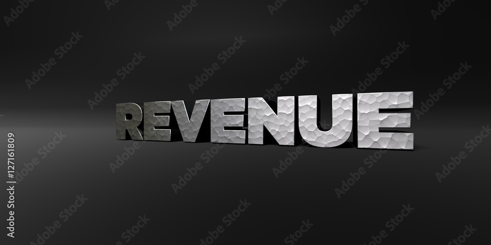 REVENUE - hammered metal finish text on black studio - 3D rendered royalty free stock photo. This image can be used for an online website banner ad or a print postcard.
