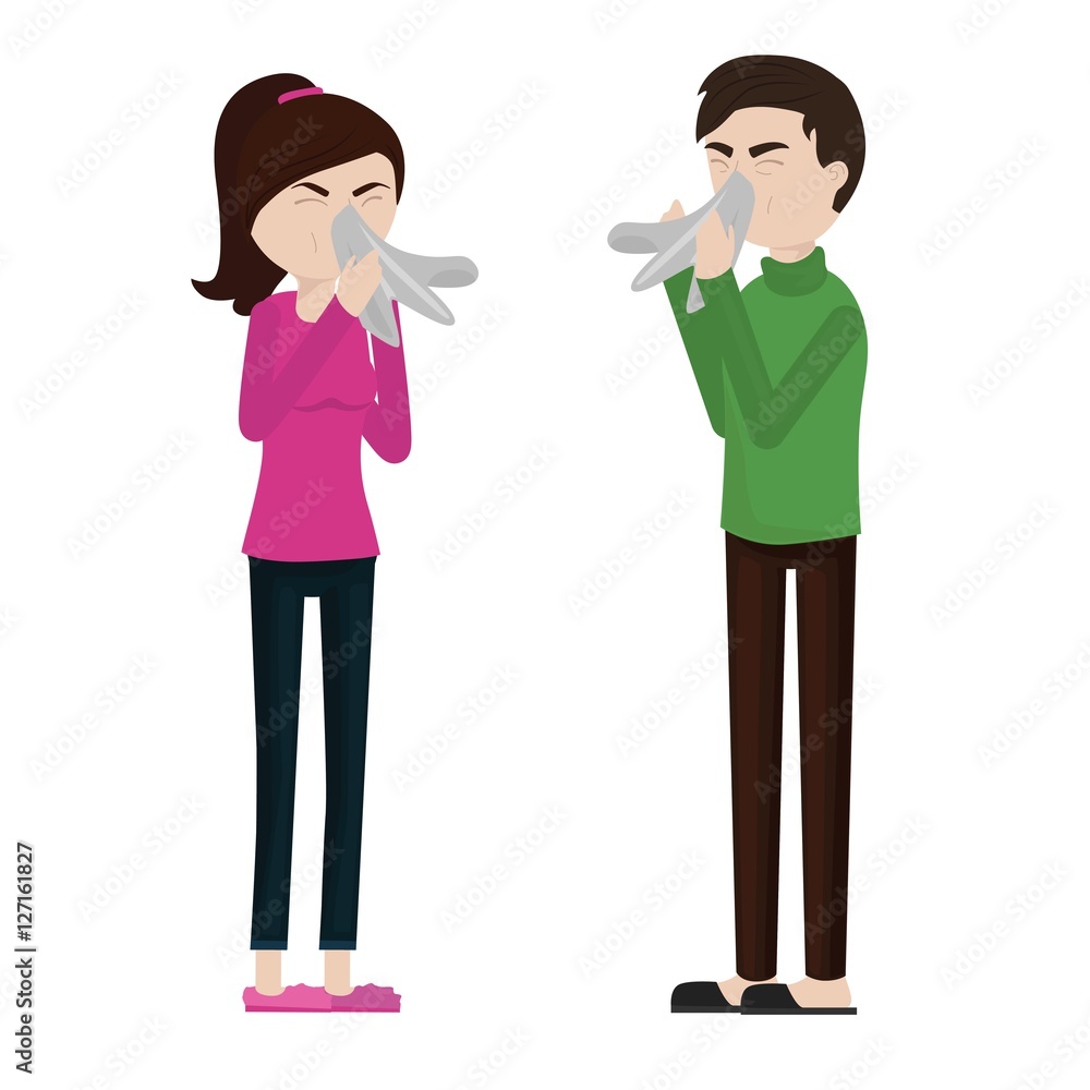 Coughing couple: boy and girl. Sick person, ill and cold, flu and virus, influenza concept Coughing couple: boy and girl. Sick person, ill and cold, flu and virus, influenza concept