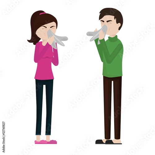 Coughing couple: boy and girl. Sick person, ill and cold, flu and virus, influenza concept