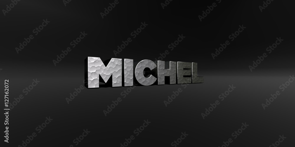 MICHEL - hammered metal finish text on black studio - 3D rendered royalty free stock photo. This image can be used for an online website banner ad or a print postcard.