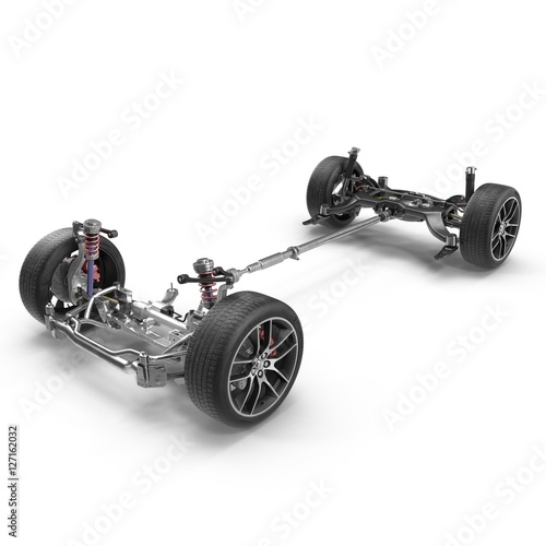 Car chassis without engine on white. 3D illustration photo