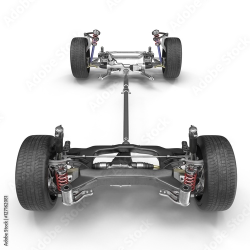 Car chassis without engine on white. Front view.3D illustration