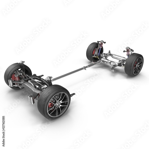 Car chassis without engine on white. 3D illustration photo