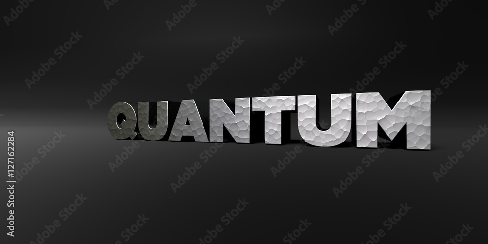 QUANTUM - hammered metal finish text on black studio - 3D rendered royalty free stock photo. This image can be used for an online website banner ad or a print postcard.