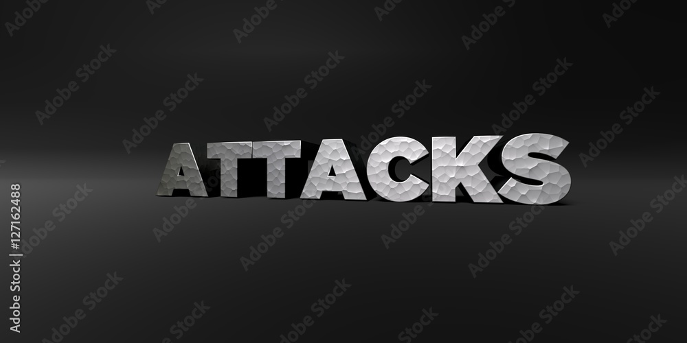ATTACKS - hammered metal finish text on black studio - 3D rendered royalty free stock photo. This image can be used for an online website banner ad or a print postcard. ATTACKS - hammered metal finish text on black studio - 3D rendered royalty free stock photo. This image can be used for an online website banner ad or a print postcard.