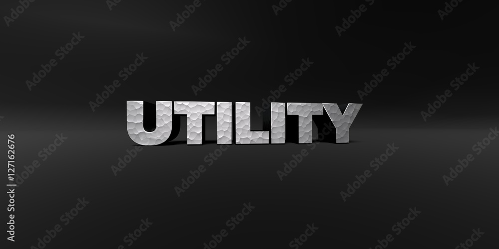 UTILITY - hammered metal finish text on black studio - 3D rendered royalty free stock photo. This image can be used for an online website banner ad or a print postcard.