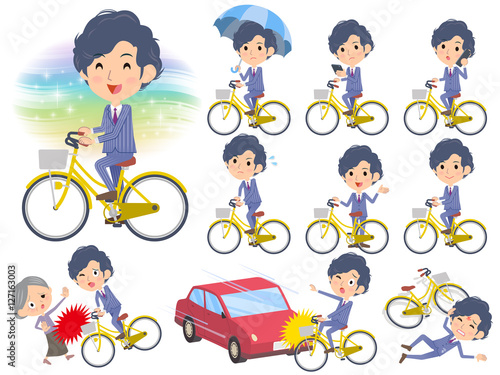 Stripe suit perm hair men ride on city bicycle