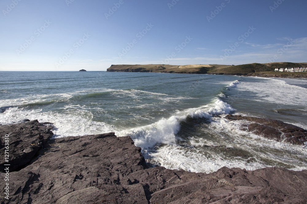 View across the popular tourist beach at polzeath, Cornwall, UK