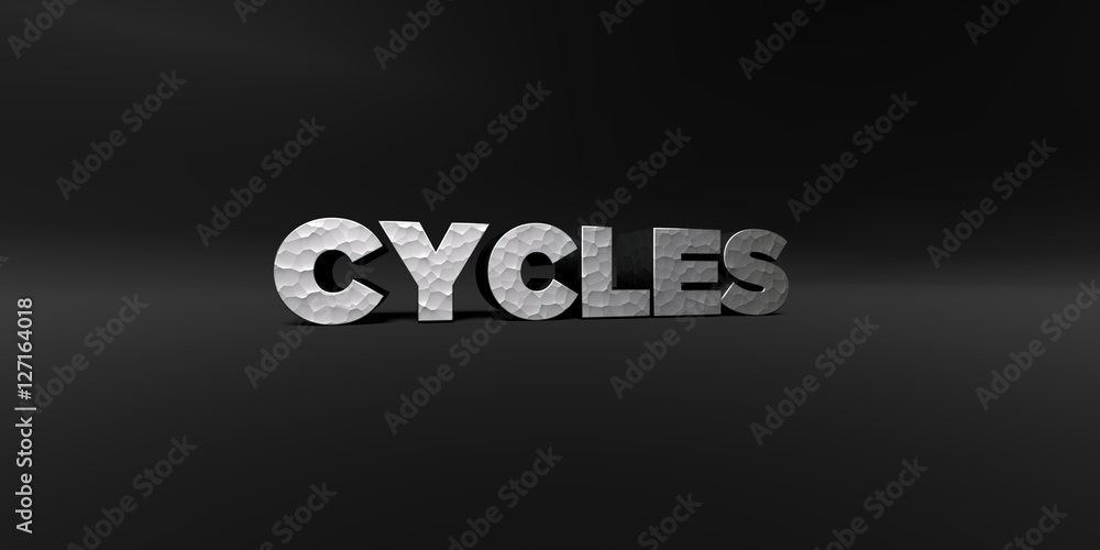 CYCLES - hammered metal finish text on black studio - 3D rendered royalty free stock photo. This image can be used for an online website banner ad or a print postcard. CYCLES - hammered metal finish text on black studio - 3D rendered royalty free stock photo. This image can be used for an online website banner ad or a print postcard.