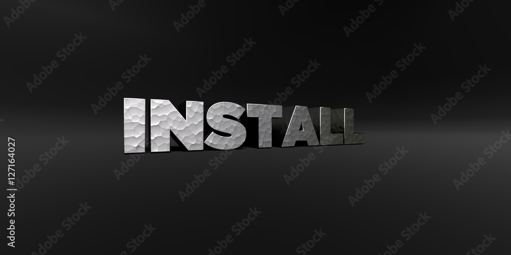 INSTALL - hammered metal finish text on black studio - 3D rendered royalty free stock photo. This image can be used for an online website banner ad or a print postcard.