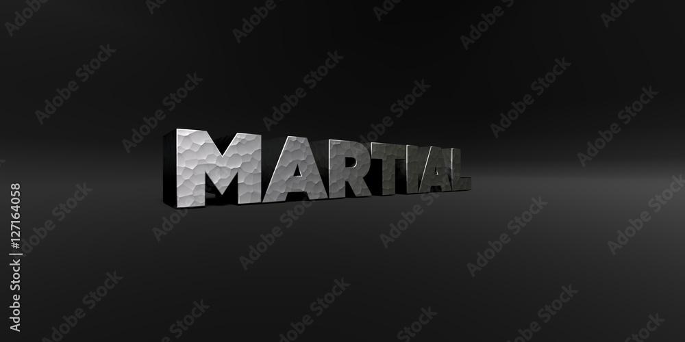 MARTIAL - hammered metal finish text on black studio - 3D rendered royalty free stock photo. This image can be used for an online website banner ad or a print postcard.
