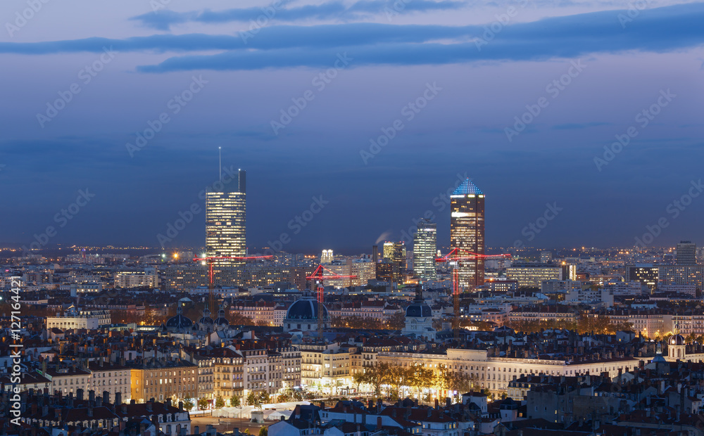 The illuminated city of Lyon, France, seen from Fourviere hill at dusk. The illuminated city of Lyon, France, seen from Fourviere hill at dusk.