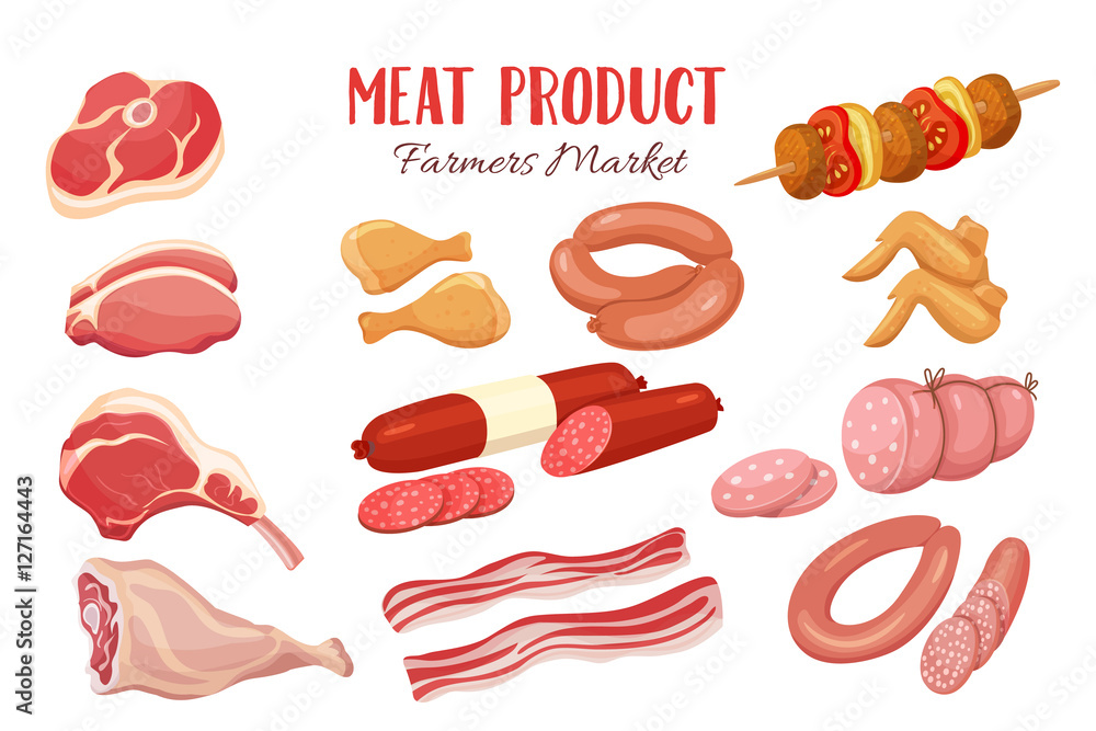 Gastronomic meat products in cartoon style. Gastronomic meat products in cartoon style.