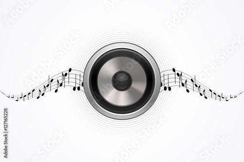 Load speaker illustration on abstract music backdrop, isolated on white
