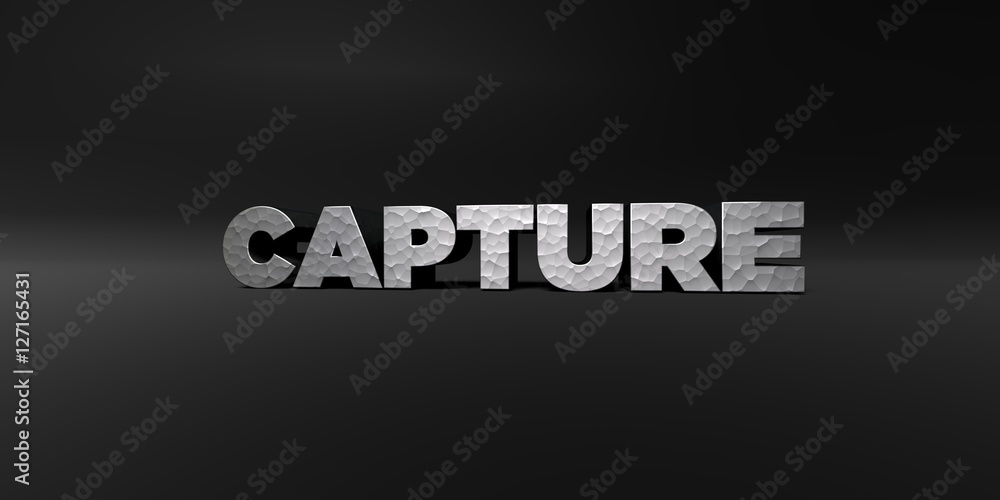 CAPTURE - hammered metal finish text on black studio - 3D rendered royalty free stock photo. This image can be used for an online website banner ad or a print postcard.