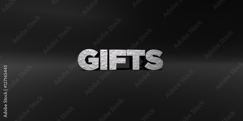 GIFTS - hammered metal finish text on black studio - 3D rendered royalty free stock photo. This image can be used for an online website banner ad or a print postcard.