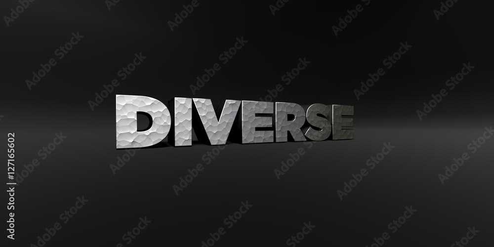 DIVERSE - hammered metal finish text on black studio - 3D rendered royalty free stock photo. This image can be used for an online website banner ad or a print postcard. DIVERSE - hammered metal finish text on black studio - 3D rendered royalty free stock photo. This image can be used for an online website banner ad or a print postcard.