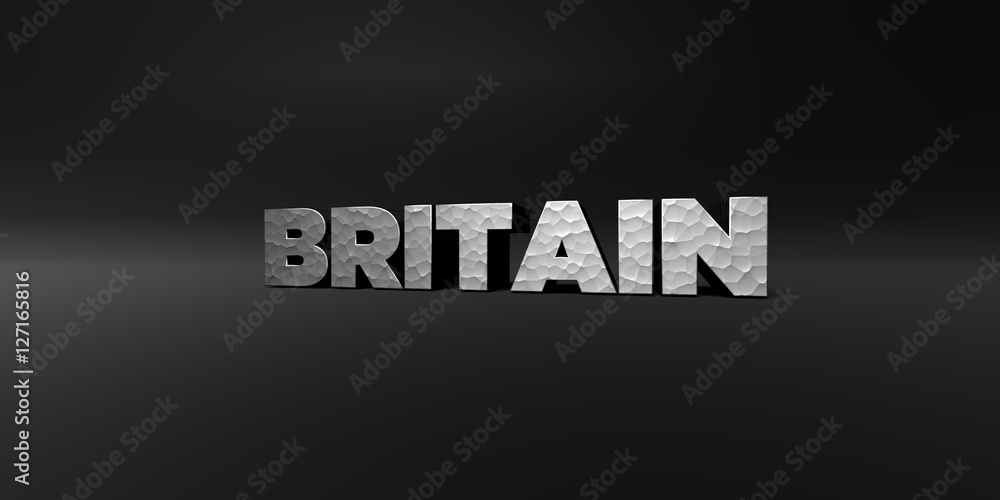 BRITAIN - hammered metal finish text on black studio - 3D rendered royalty free stock photo. This image can be used for an online website banner ad or a print postcard.