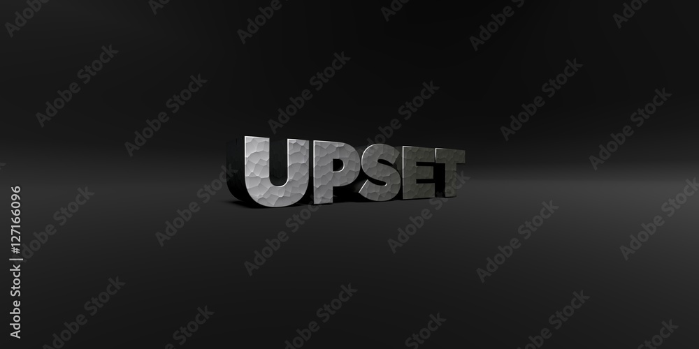 UPSET - hammered metal finish text on black studio - 3D rendered royalty free stock photo. This image can be used for an online website banner ad or a print postcard. UPSET - hammered metal finish text on black studio - 3D rendered royalty free stock photo. This image can be used for an online website banner ad or a print postcard.