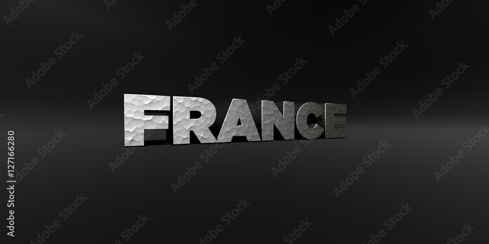FRANCE - hammered metal finish text on black studio - 3D rendered royalty free stock photo. This image can be used for an online website banner ad or a print postcard.