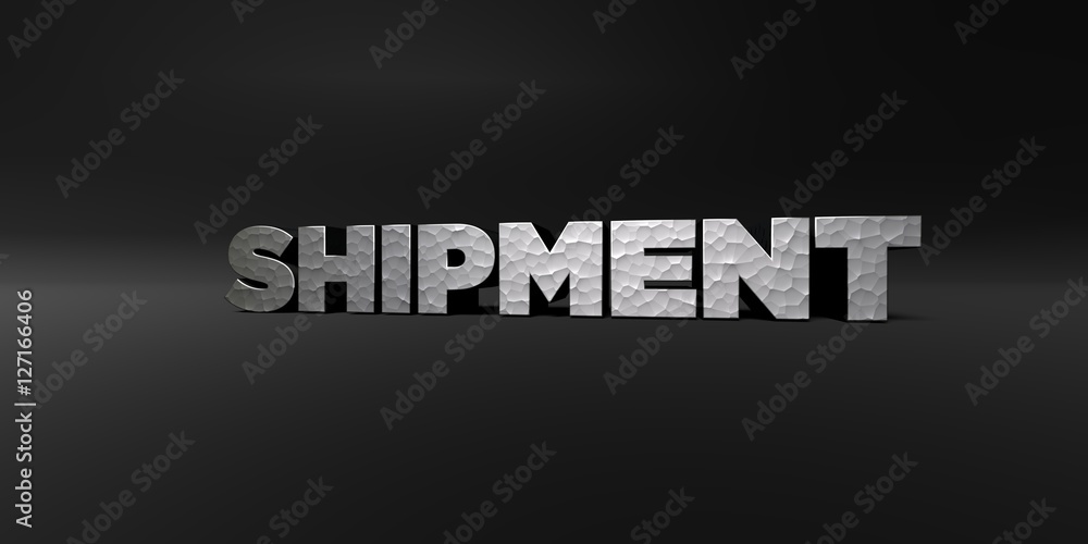 SHIPMENT - hammered metal finish text on black studio - 3D rendered royalty free stock photo. This image can be used for an online website banner ad or a print postcard.