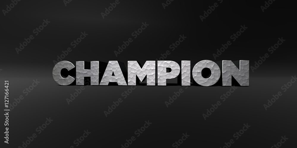 CHAMPION - hammered metal finish text on black studio - 3D rendered royalty free stock photo. This image can be used for an online website banner ad or a print postcard. CHAMPION - hammered metal finish text on black studio - 3D rendered royalty free stock photo. This image can be used for an online website banner ad or a print postcard.