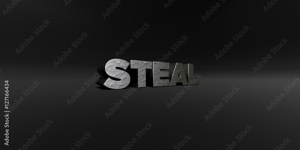 STEAL - hammered metal finish text on black studio - 3D rendered royalty free stock photo. This image can be used for an online website banner ad or a print postcard. STEAL - hammered metal finish text on black studio - 3D rendered royalty free stock photo. This image can be used for an online website banner ad or a print postcard.