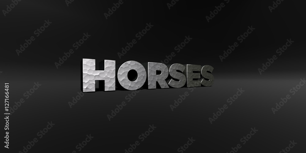 HORSES - hammered metal finish text on black studio - 3D rendered royalty free stock photo. This image can be used for an online website banner ad or a print postcard. HORSES - hammered metal finish text on black studio - 3D rendered royalty free stock photo. This image can be used for an online website banner ad or a print postcard.