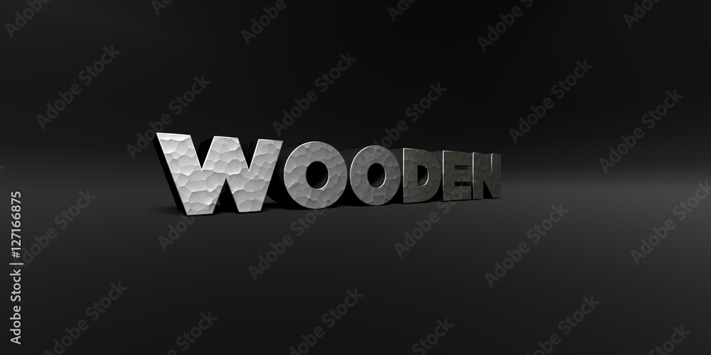 WOODEN - hammered metal finish text on black studio - 3D rendered royalty free stock photo. This image can be used for an online website banner ad or a print postcard.