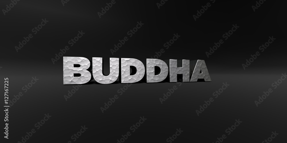 BUDDHA - hammered metal finish text on black studio - 3D rendered royalty free stock photo. This image can be used for an online website banner ad or a print postcard.