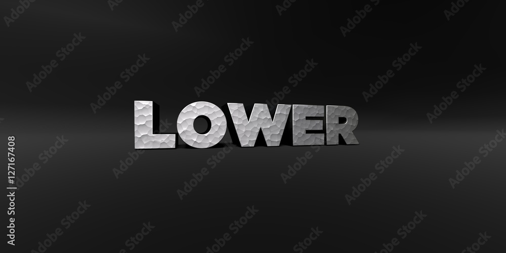 LOWER - hammered metal finish text on black studio - 3D rendered royalty free stock photo. This image can be used for an online website banner ad or a print postcard.