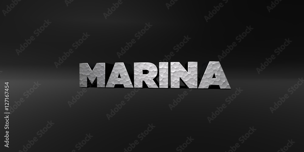 MARINA - hammered metal finish text on black studio - 3D rendered royalty free stock photo. This image can be used for an online website banner ad or a print postcard.