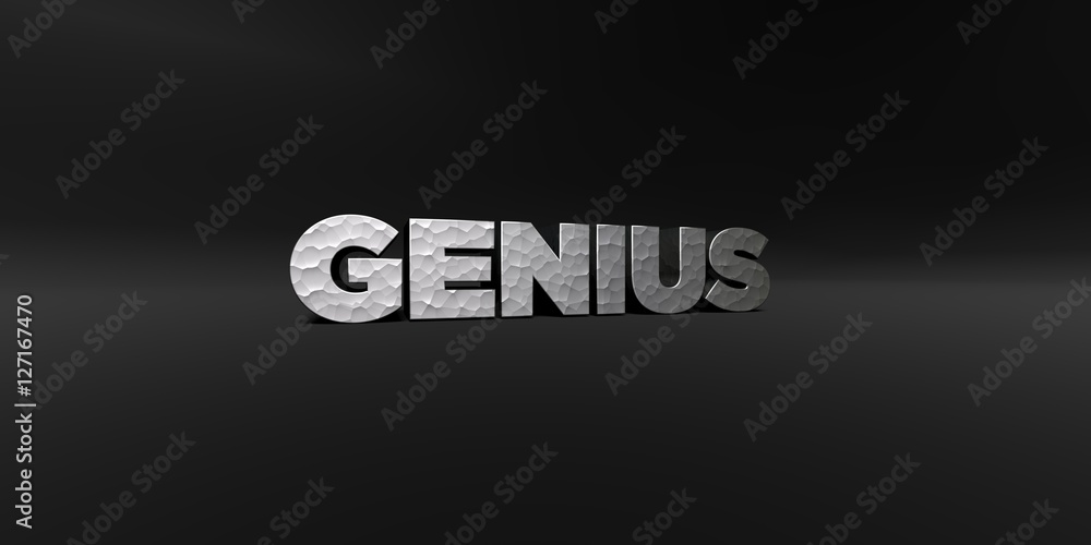 GENIUS - hammered metal finish text on black studio - 3D rendered royalty free stock photo. This image can be used for an online website banner ad or a print postcard. GENIUS - hammered metal finish text on black studio - 3D rendered royalty free stock photo. This image can be used for an online website banner ad or a print postcard.