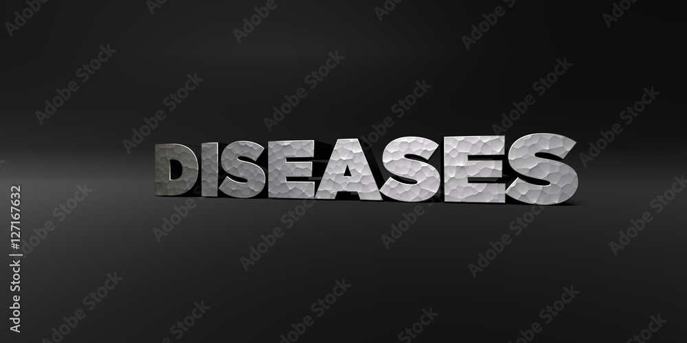 DISEASES - hammered metal finish text on black studio - 3D rendered royalty free stock photo. This image can be used for an online website banner ad or a print postcard.