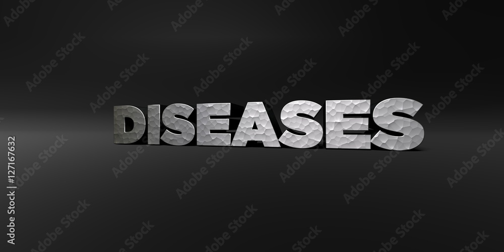 DISEASES - hammered metal finish text on black studio - 3D rendered royalty free stock photo. This image can be used for an online website banner ad or a print postcard. DISEASES - hammered metal finish text on black studio - 3D rendered royalty free stock photo. This image can be used for an online website banner ad or a print postcard.