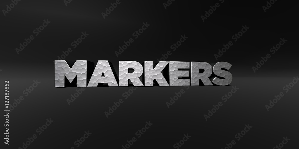 MARKERS - hammered metal finish text on black studio - 3D rendered royalty free stock photo. This image can be used for an online website banner ad or a print postcard. MARKERS - hammered metal finish text on black studio - 3D rendered royalty free stock photo. This image can be used for an online website banner ad or a print postcard.