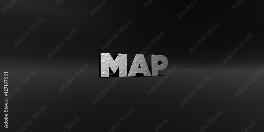 Obraz premium MAP - hammered metal finish text on black studio - 3D rendered royalty free stock photo. This image can be used for an online website banner ad or a print postcard.