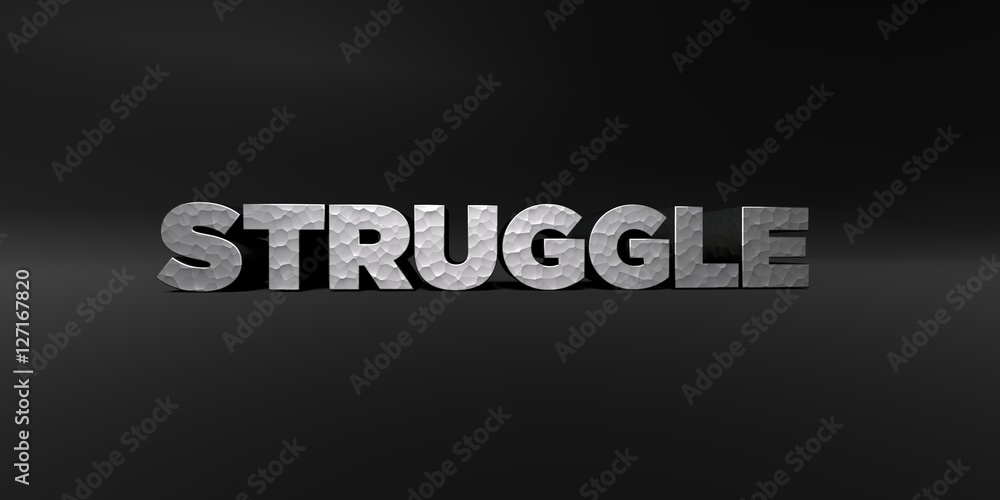 STRUGGLE - hammered metal finish text on black studio - 3D rendered royalty free stock photo. This image can be used for an online website banner ad or a print postcard. STRUGGLE - hammered metal finish text on black studio - 3D rendered royalty free stock photo. This image can be used for an online website banner ad or a print postcard.