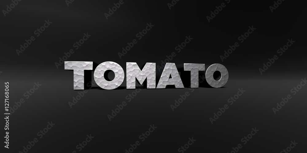 TOMATO - hammered metal finish text on black studio - 3D rendered royalty free stock photo. This image can be used for an online website banner ad or a print postcard.