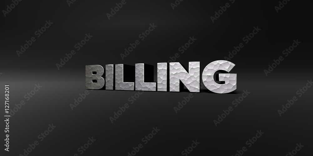 BILLING - hammered metal finish text on black studio - 3D rendered royalty free stock photo. This image can be used for an online website banner ad or a print postcard.