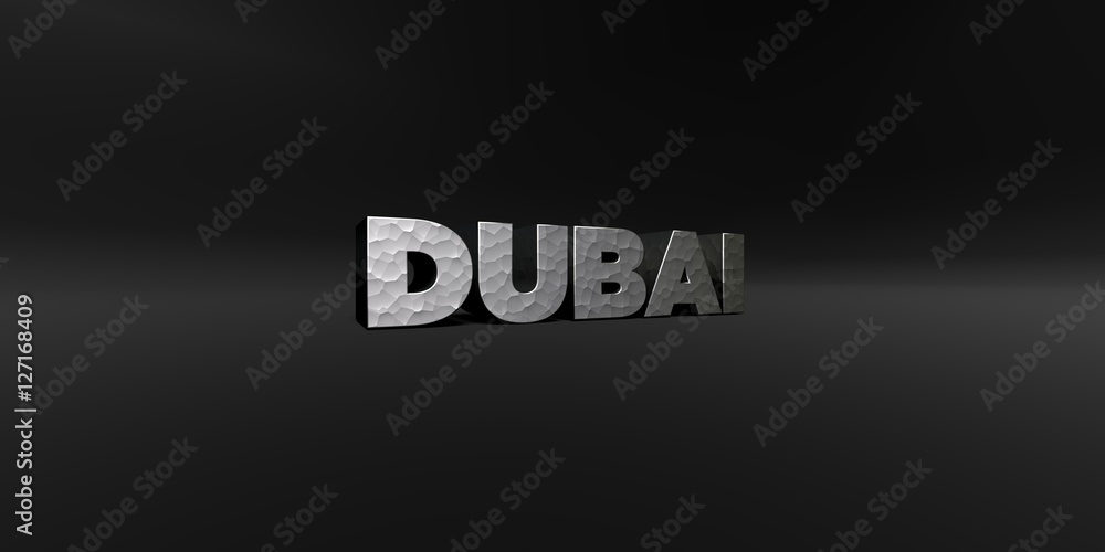 DUBAI - hammered metal finish text on black studio - 3D rendered royalty free stock photo. This image can be used for an online website banner ad or a print postcard. DUBAI - hammered metal finish text on black studio - 3D rendered royalty free stock photo. This image can be used for an online website banner ad or a print postcard.
