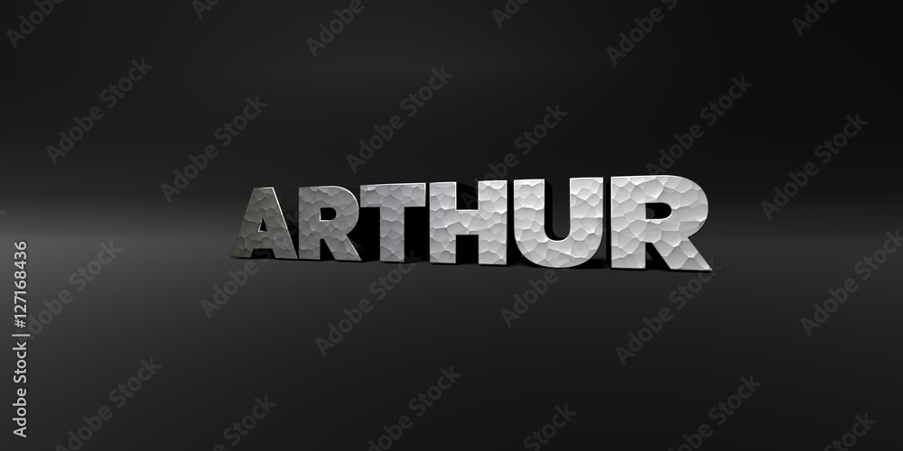 ARTHUR - hammered metal finish text on black studio - 3D rendered royalty free stock photo. This image can be used for an online website banner ad or a print postcard.