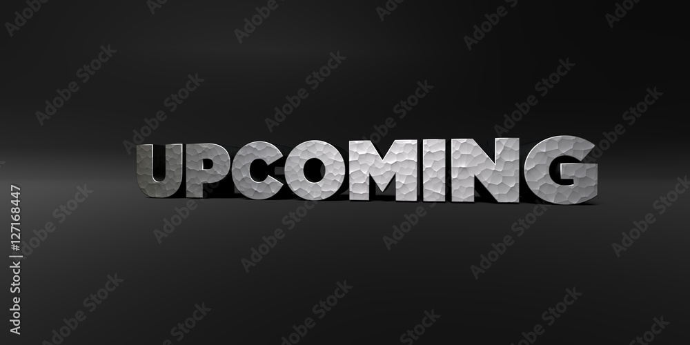 UPCOMING - hammered metal finish text on black studio - 3D rendered royalty free stock photo. This image can be used for an online website banner ad or a print postcard. UPCOMING - hammered metal finish text on black studio - 3D rendered royalty free stock photo. This image can be used for an online website banner ad or a print postcard.