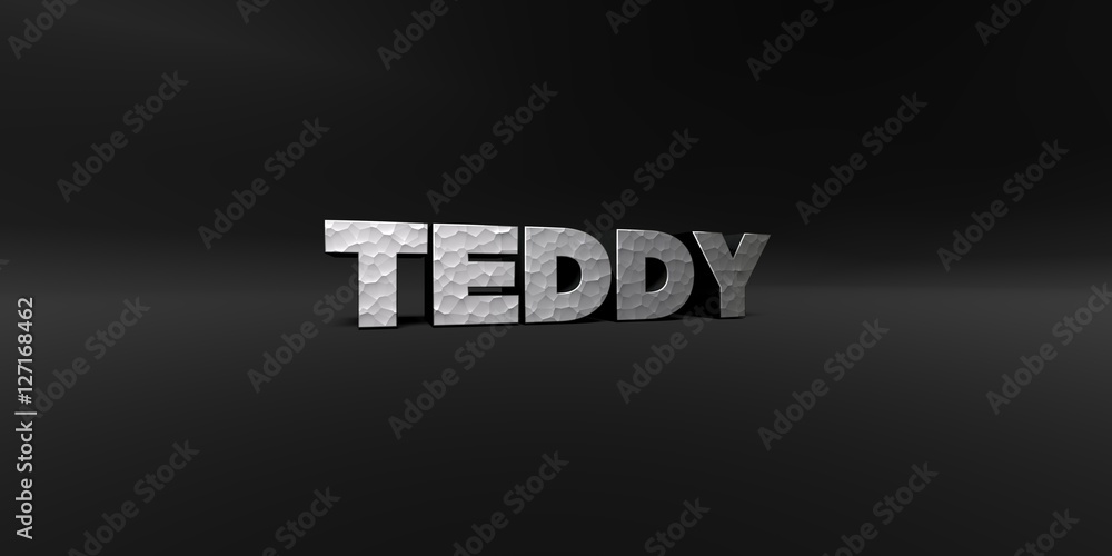 TEDDY - hammered metal finish text on black studio - 3D rendered royalty free stock photo. This image can be used for an online website banner ad or a print postcard.