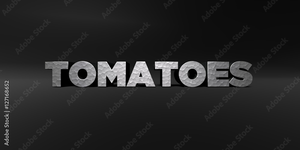 TOMATOES - hammered metal finish text on black studio - 3D rendered royalty free stock photo. This image can be used for an online website banner ad or a print postcard.