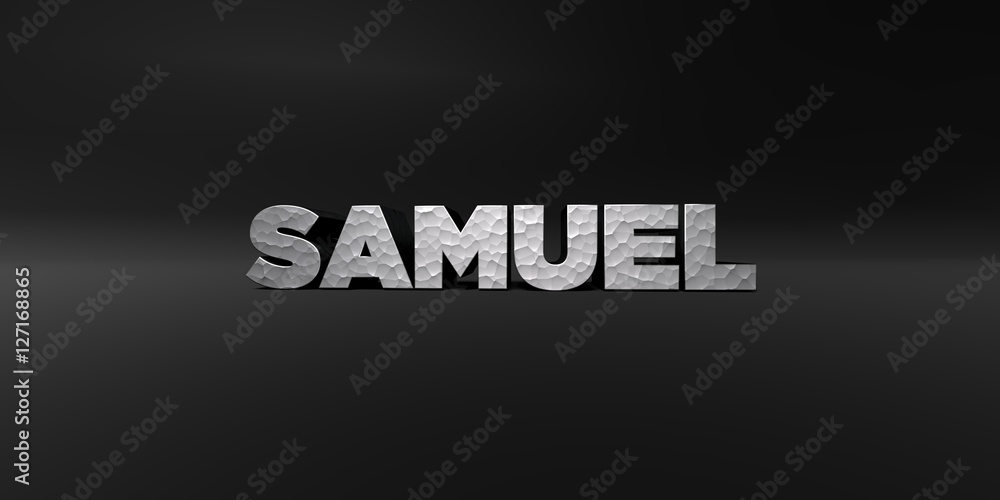 SAMUEL - hammered metal finish text on black studio - 3D rendered royalty free stock photo. This image can be used for an online website banner ad or a print postcard.