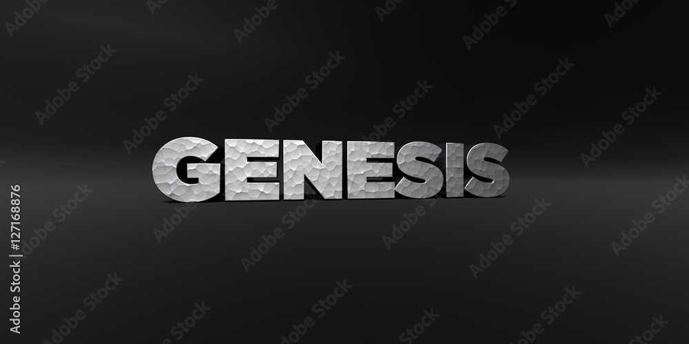 GENESIS - hammered metal finish text on black studio - 3D rendered royalty free stock photo. This image can be used for an online website banner ad or a print postcard. GENESIS - hammered metal finish text on black studio - 3D rendered royalty free stock photo. This image can be used for an online website banner ad or a print postcard.